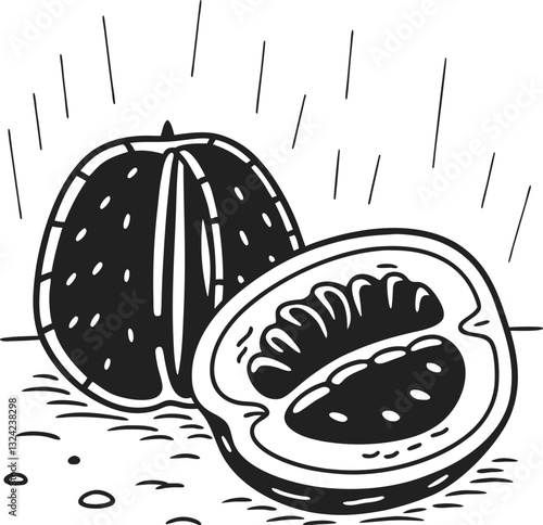 black and white stylized fruit illustration, sliced open with seeds graphic design with halved citrus, bold lines in vintage