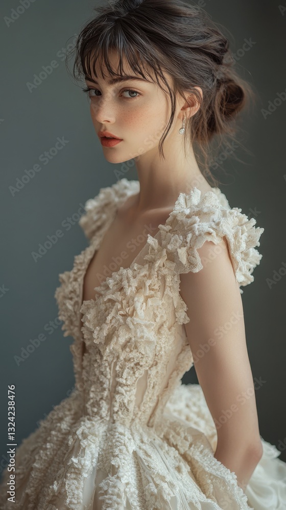 A young woman in a delicate, floral-embellished dress poses elegantly against a soft, neutral background. A young woman in a delicate, floral-embellished dress poses elegantly against a soft, neutral background.