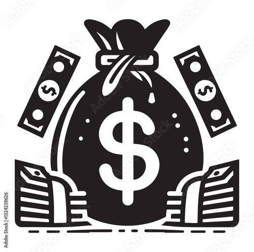 Money bag or stash of money flat icon silhouette vector icon on white background.