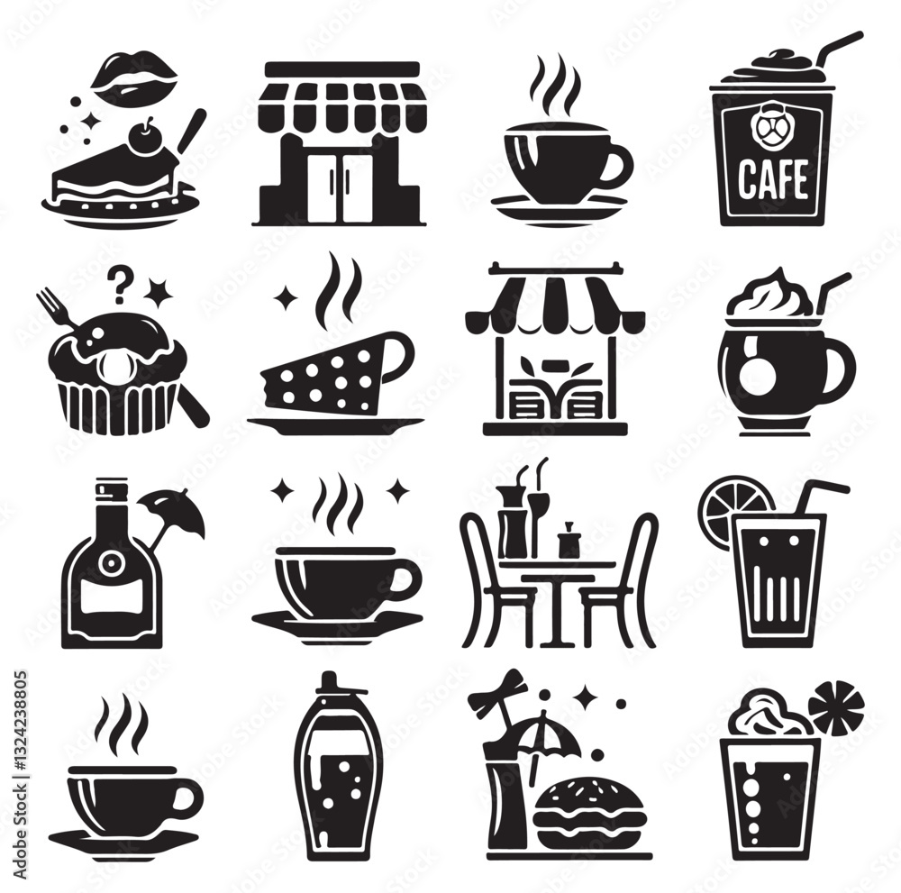 Silhouette icon set of cafe icons, restaurant icon, food and drink icon vector style on white background. Silhouette icon set of cafe icons, restaurant icon, food and drink icon vector style on white background.