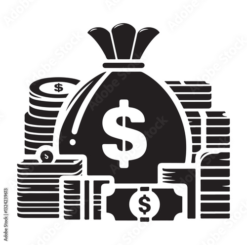 Money bag or stash of money flat icon silhouette vector icon on white background.