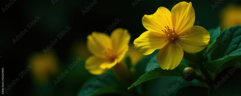 Yellow flowers of Begonia soli mutata in darkness, begonia, foliage Yellow flowers of Begonia soli mutata in darkness, begonia, foliage