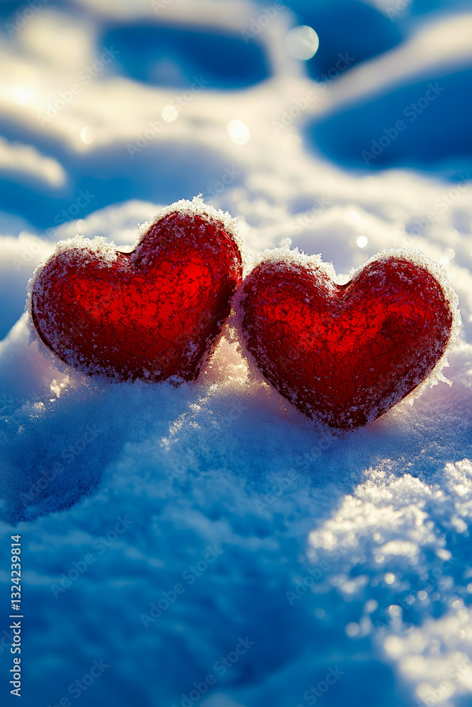 Fototapeta premium Two red hearts in the snow