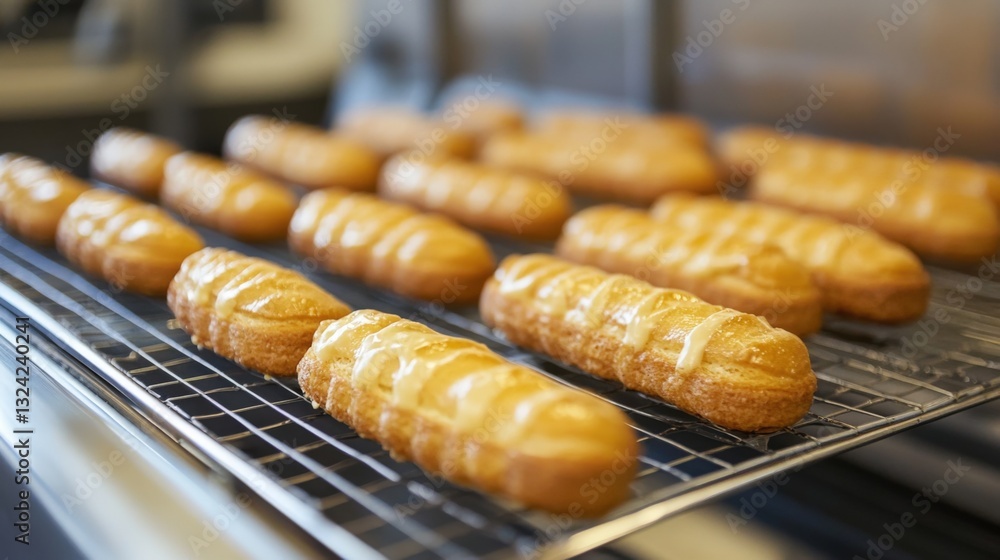 Freshly baked eclairs cooling on a wire rack. Freshly baked eclairs cooling on a wire rack.