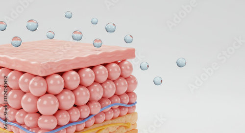 Fototapeta Naklejka Na Ścianę i Meble -  Skin Hydration: 3D Cross-Section of Moisturized Dermis, Epidermis, and Subcutaneous Tissue with Floating Water Droplets!