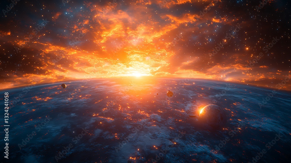 Fiery sunrise, planet view, space background, cosmic art Fiery sunrise, planet view, space background, cosmic art