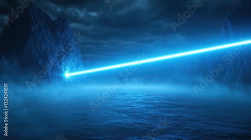Night laser beam over misty mountains