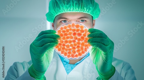 Scientist in sterile gloves examines salmon roe in a petri dish scientific research