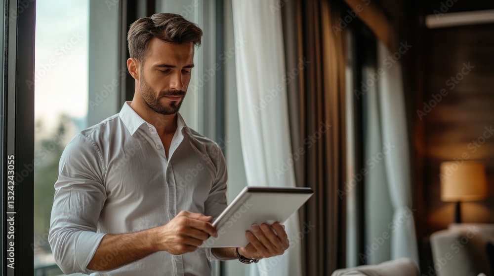 Obraz premium Businessman using tablet in modern office space urban setting technology focus professional environment close-up view