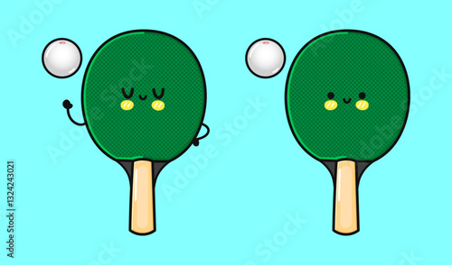 Happy Table Tennis Paddles. Cute Ping Pong Rackets with Smiling Faces