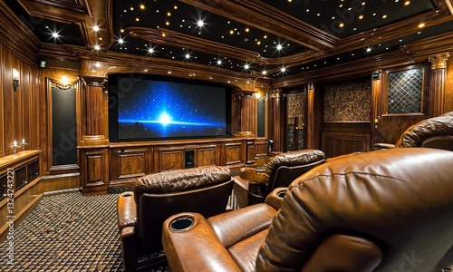 Luxurious home theater with plush seating, starry ceiling, and a large screen displaying a cosmic scene