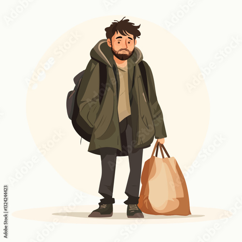 Illustration of a homeless man. Vagabond.