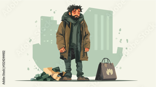 Illustration of a homeless man. Vagabond.