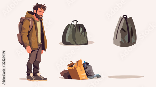 Illustration of a homeless man. Vagabond.