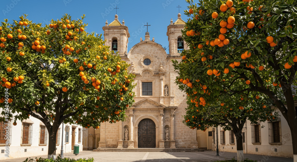 Fototapeta premium Seville Charm: Orange Trees & Historic Church Under Blue Sky. Explore Spain's Beauty!