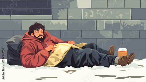 Illustration of a homeless man. Vagabond.