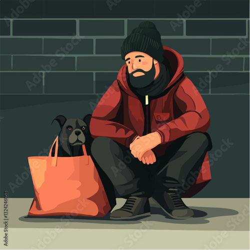 Illustration of a homeless man. Vagabond.