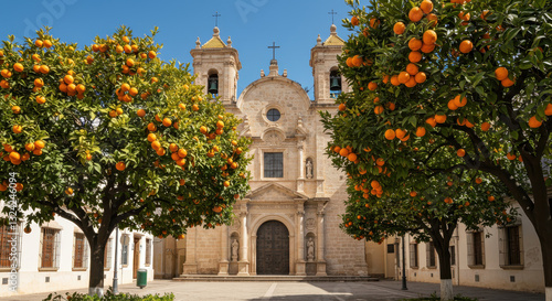 Seville Charm: Orange Trees & Historic Church Under Blue Sky. Explore Spain's Beauty!