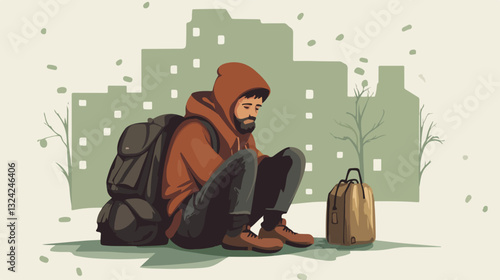Illustration of a homeless man. Vagabond.