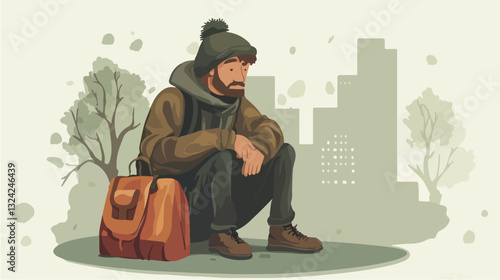 Illustration of a homeless man. Vagabond.