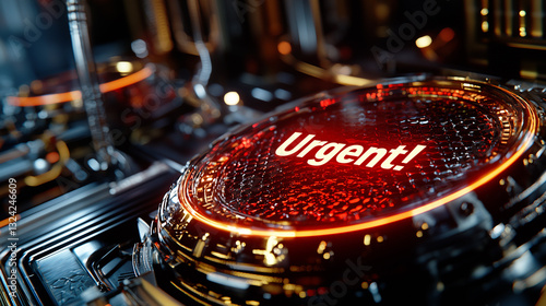 A futuristic glowing red button with the word "Urgent!" displayed on a high tech control panel. The illuminated surface has a metallic and digital sci-fi aesthetic.