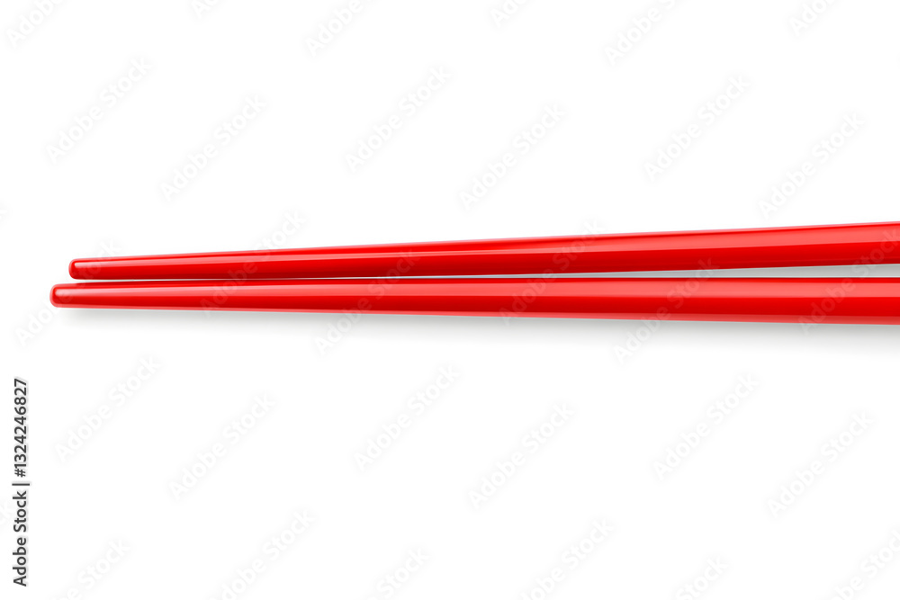 Glossy red chopsticks for Asian cuisine isolated on white backdrop Glossy red chopsticks for Asian cuisine isolated on white backdrop