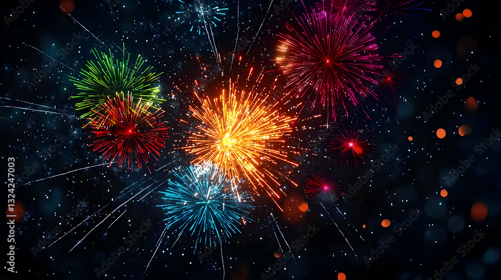 Fototapeta premium Vivid Fireworks Bursting In The Night Sky With Vibrant Colors And Dazzling Explosions