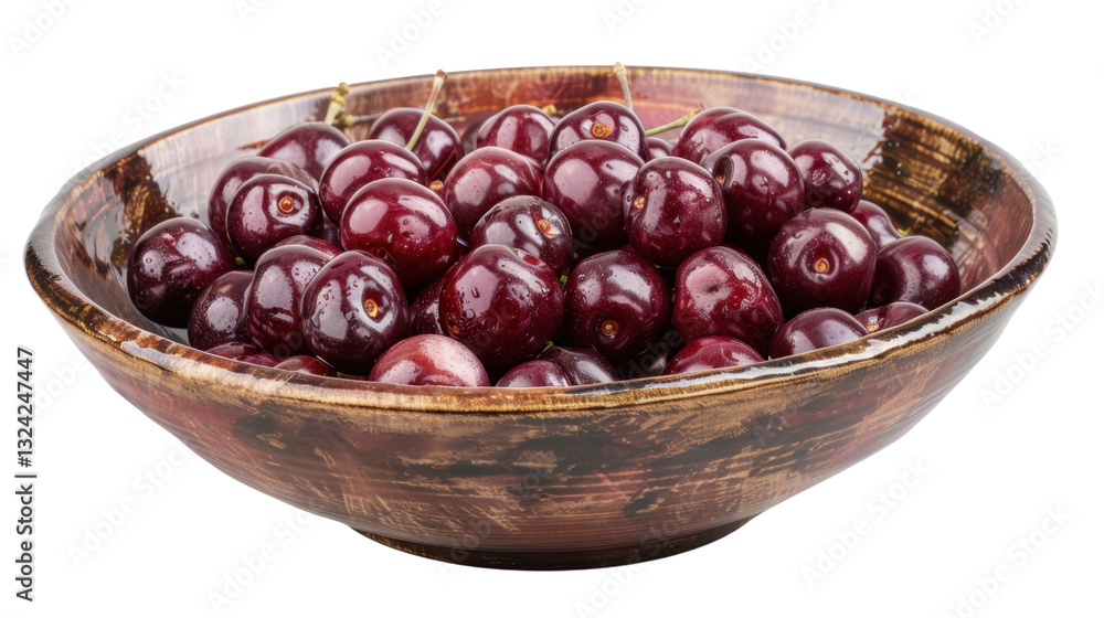 Fresh red cherries filling a rustic wooden bowl on transparent background Fresh red cherries filling a rustic wooden bowl on transparent background