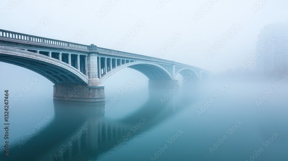 PM2.5 Urban Fog Concept, Foggy City Bridge Scene with Dense Fog Creates Dreamy Atmosphere Over Water Reflection PM2.5 Urban Fog Concept, Foggy City Bridge Scene with Dense Fog Creates Dreamy Atmosphere Over Water Reflection