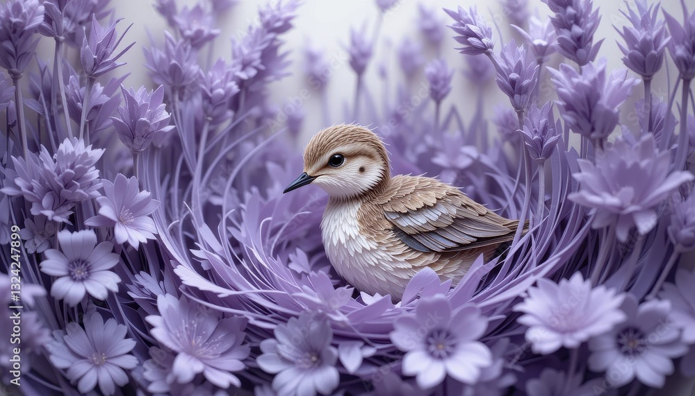 Fototapeta premium Serene Bird Nestled in Lavender Flowers Paper Art Bird in Purple Floral Arrangement