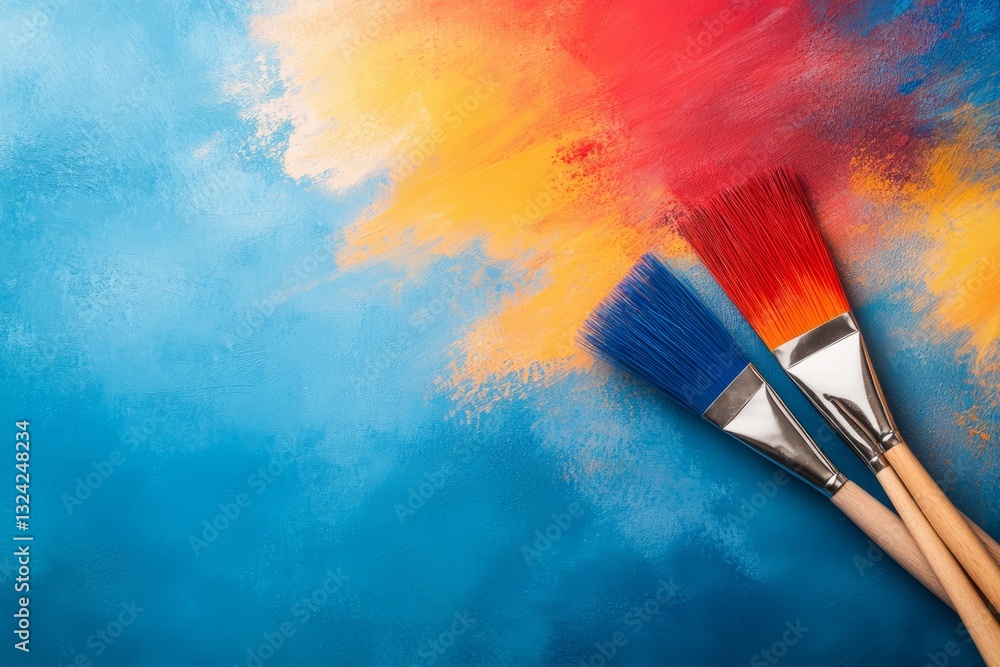 Fototapeta premium Brightly Colored Paint Brushes on Vibrant Abstract Blue and Orange Background