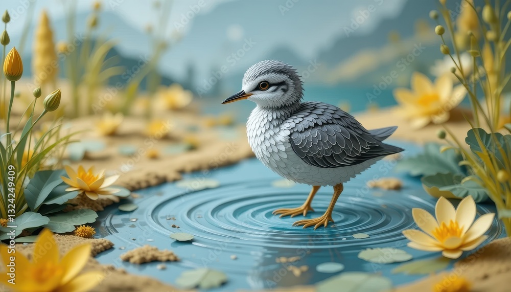Fototapeta premium Serene Paper Bird by Pond Artistic Waterfowl in Tranquil Nature Scene
