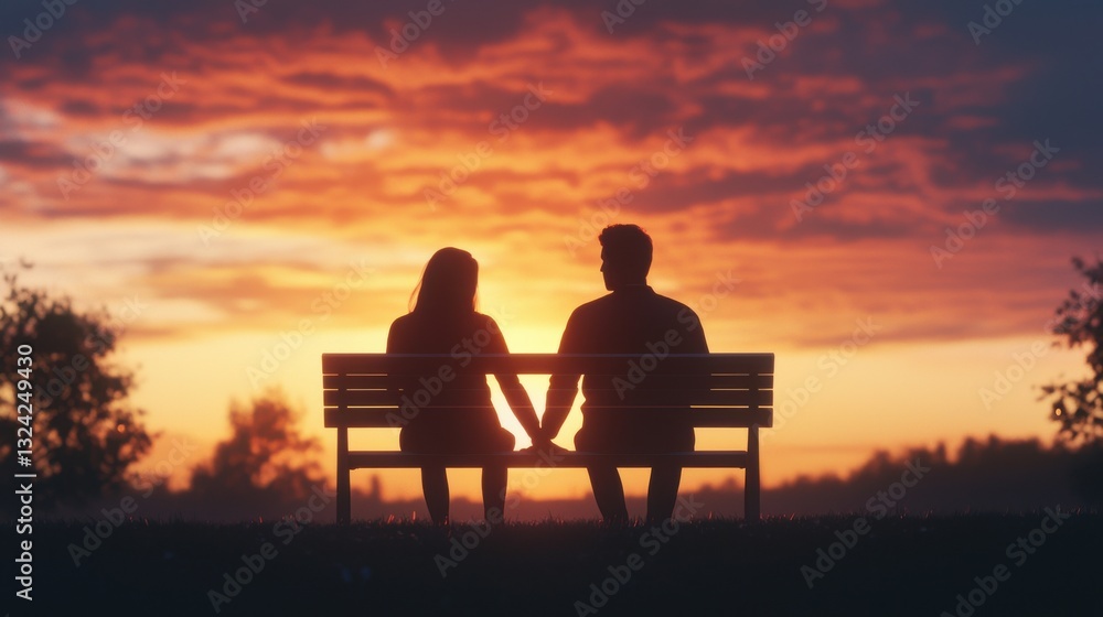 A silhouette of a couple holding hands on a bench against a vibrant sunset backdrop, evoking warmth and romance. A silhouette of a couple holding hands on a bench against a vibrant sunset backdrop, evoking warmth and romance.