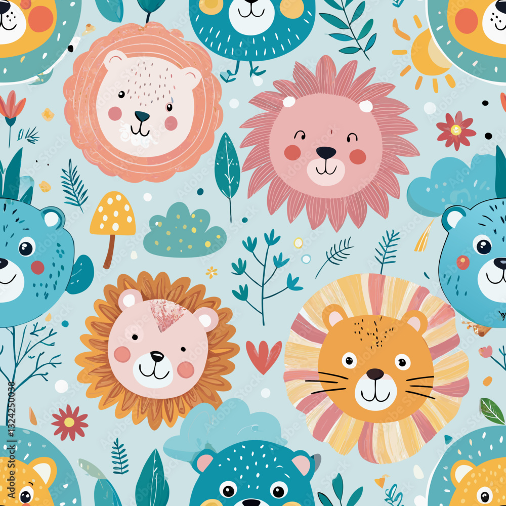 Naklejka premium Whimsical Wildlife: A vibrant illustration showcasing adorable lions and bears, surrounded by whimsical elements in a delightful pattern, perfect for children's designs.