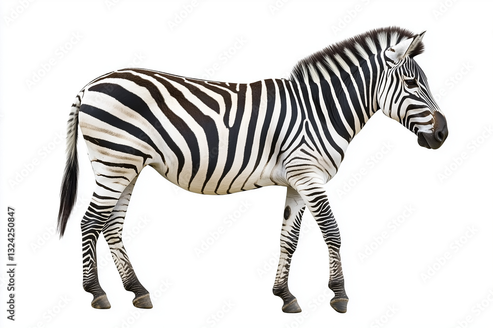 Fototapeta premium A full-length side profile of an African zebra standing against a plain white background, showcasing its black and white striped pattern.