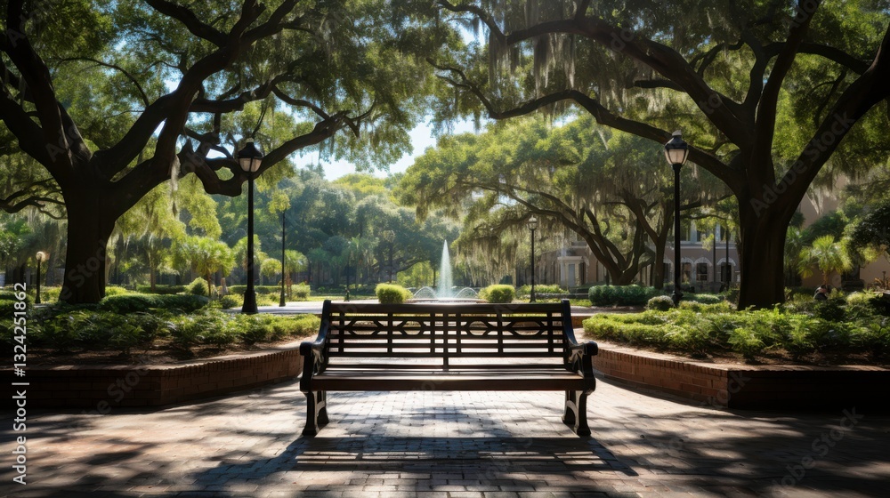 Serene Park Bench Surrounded by Majestic Oak Trees and Lush Greenery in a Peaceful Urban Setting on a Sunny Day Serene Park Bench Surrounded by Majestic Oak Trees and Lush Greenery in a Peaceful Urban Setting on a Sunny Day