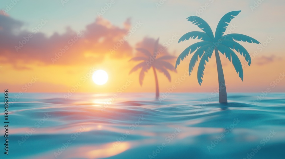 Fototapeta premium Minimalist tropical sunset with soft golden light handcrafted paper cut palm trees and gentle blue ocean waves relaxing vacation scene.
