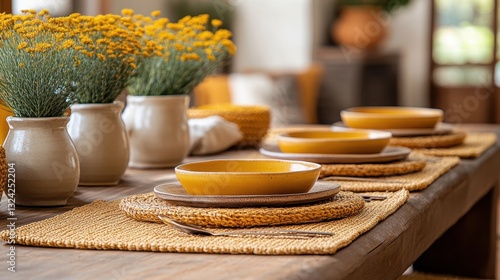 A symphony of vibrant yellow, where hand-woven placemats, each a testament to artistry, nestled in perfect harmony, adding a touch of warmth and rustic charm to any dining table.