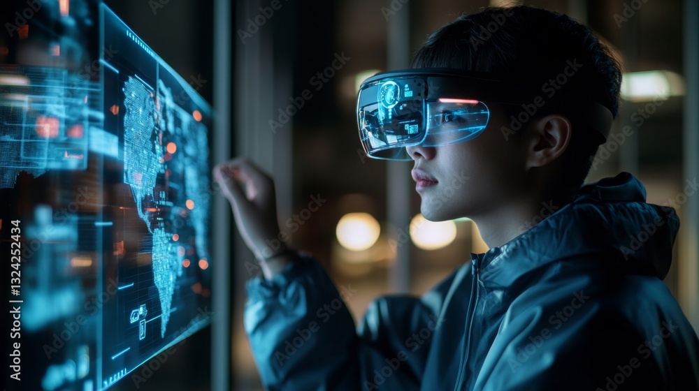 A person in a tech-savvy environment, using smart glasses to view an augmented reality map, with detailed virtual overlays in the air. A person in a tech-savvy environment, using smart glasses to view an augmented reality map, with detailed virtual overlays in the air.