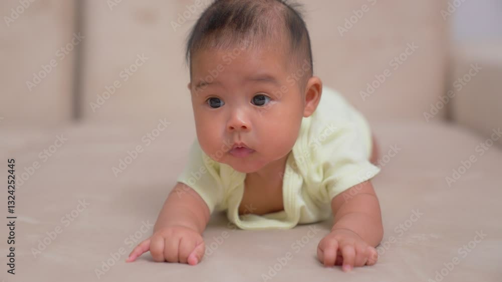 Chubby baby laying on stomach and try raised her neck on mattress at home. Happy Asian infant smile in bedroom. Develop small and large muscles on kid. Infant development training concept. Chubby baby laying on stomach and try raised her neck on mattress at home. Happy Asian infant smile in bedroom. Develop small and large muscles on kid. Infant development training concept.