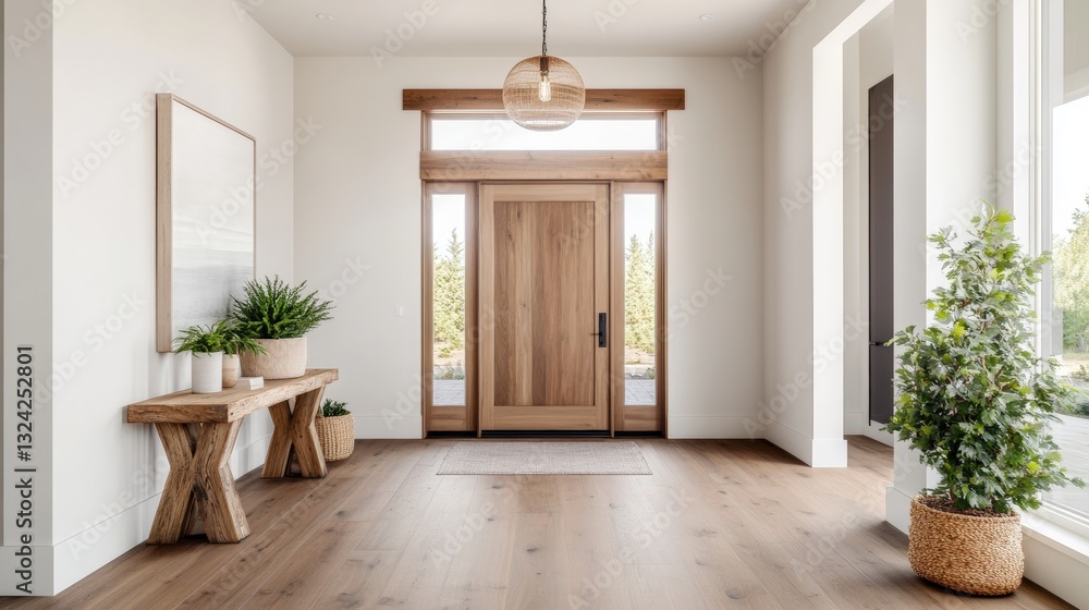 Expansive and welcoming hallway featuring a sturdy wooden door leading to a bright and inviting interior space