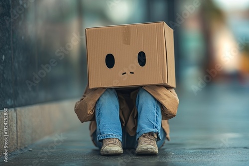 a person with a cardboard box over their head sitting on the ground.