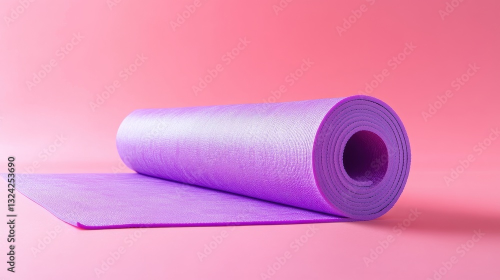 A rolled purple yoga mat, its surface smooth and textured, lay gracefully against a vibrant pink backdrop, inviting a moment of tranquility amidst the chaos. A rolled purple yoga mat, its surface smooth and textured, lay gracefully against a vibrant pink backdrop, inviting a moment of tranquility amidst the chaos.