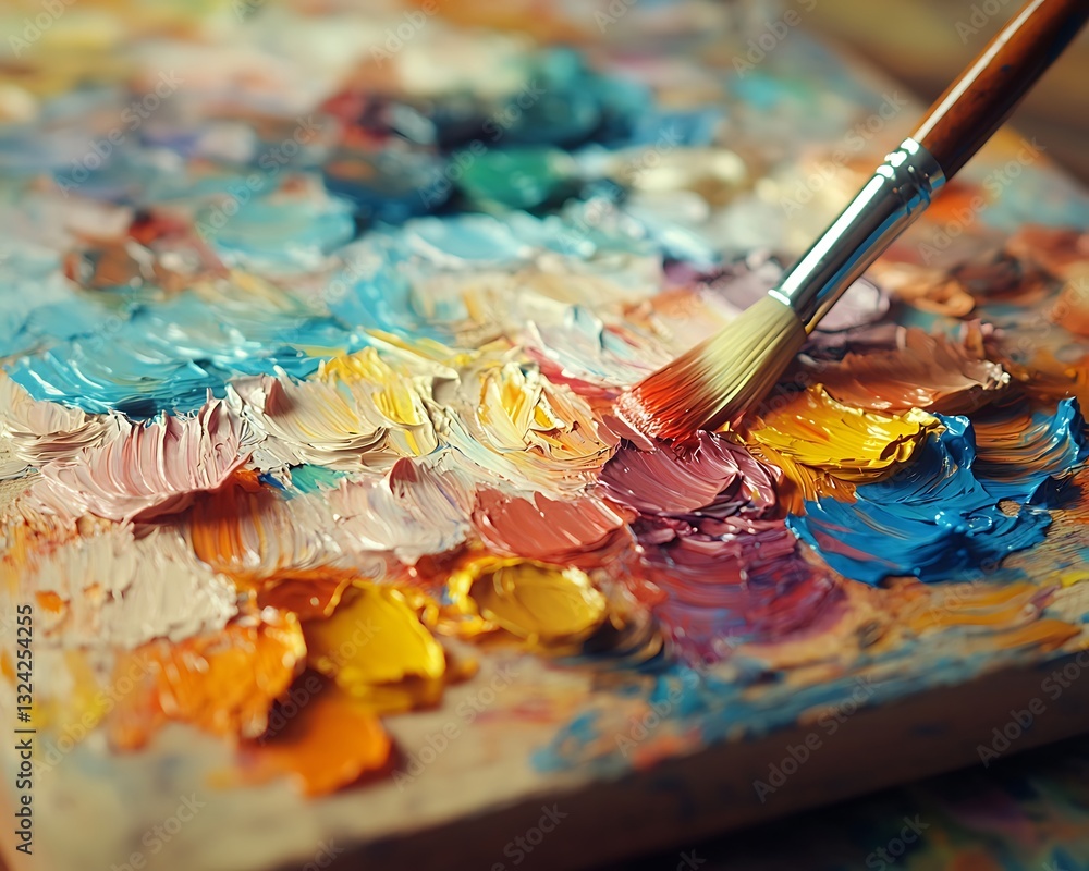 Obraz premium A wooden palette filled with vibrant oil paint and brushes