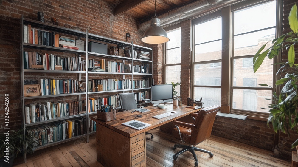 a loft-inspired home office with a large wooden desk, a vintage leather chair, and metal bookshelves filled with design books. a loft-inspired home office with a large wooden desk, a vintage leather chair, and metal bookshelves filled with design books.