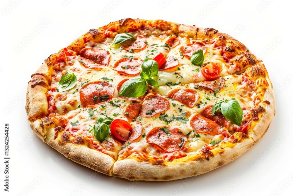 Fresh pepperoni pizza with basil on white background. Neural network AI generated Fresh pepperoni pizza with basil on white background. Neural network AI generated