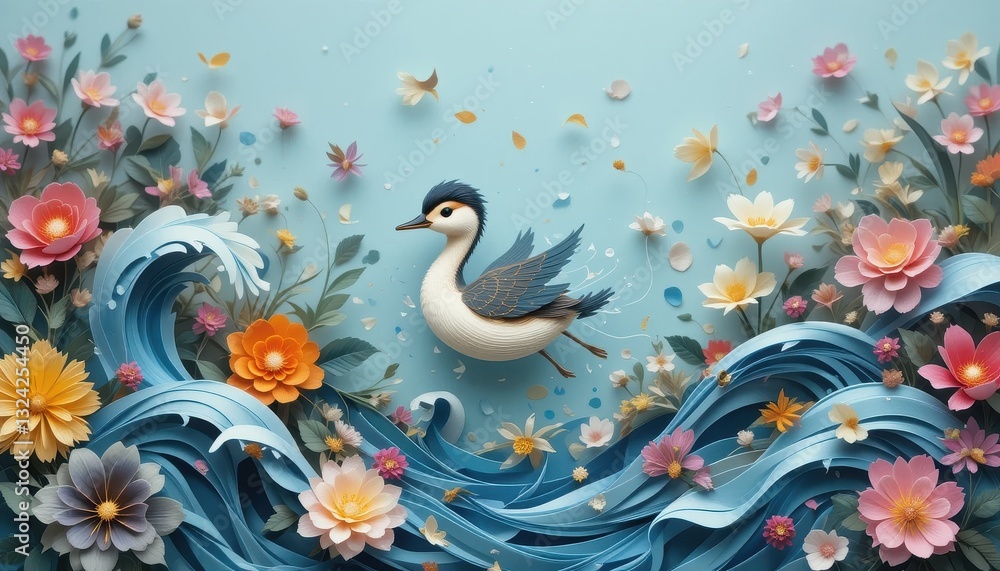 Serene Paper Bird Soaring Above Ocean Waves Amidst Vibrant Floral Paper Art