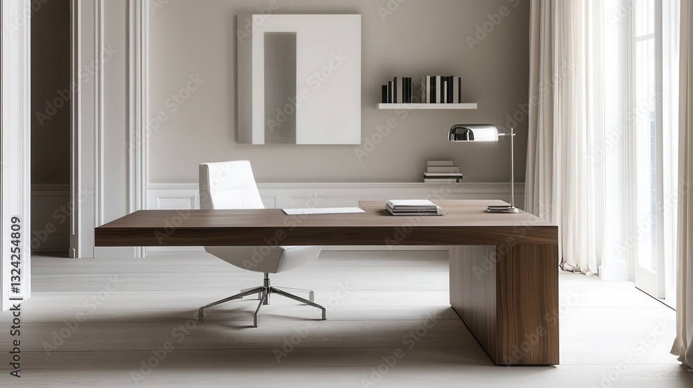 Fototapeta premium a minimalist home office with a sleek wooden desk, a simple white chair, and a large uncluttered workspace. 