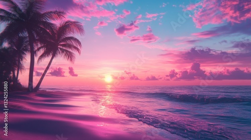 Neon sunset over a tropical beach soft handcrafted palm tree silhouettes smooth ocean waves and glowing comic paper cut aesthetic.