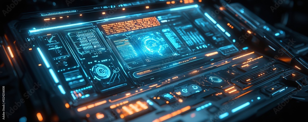 futuristic display panel with neon blue lights. futuristic display panel with neon blue lights.
